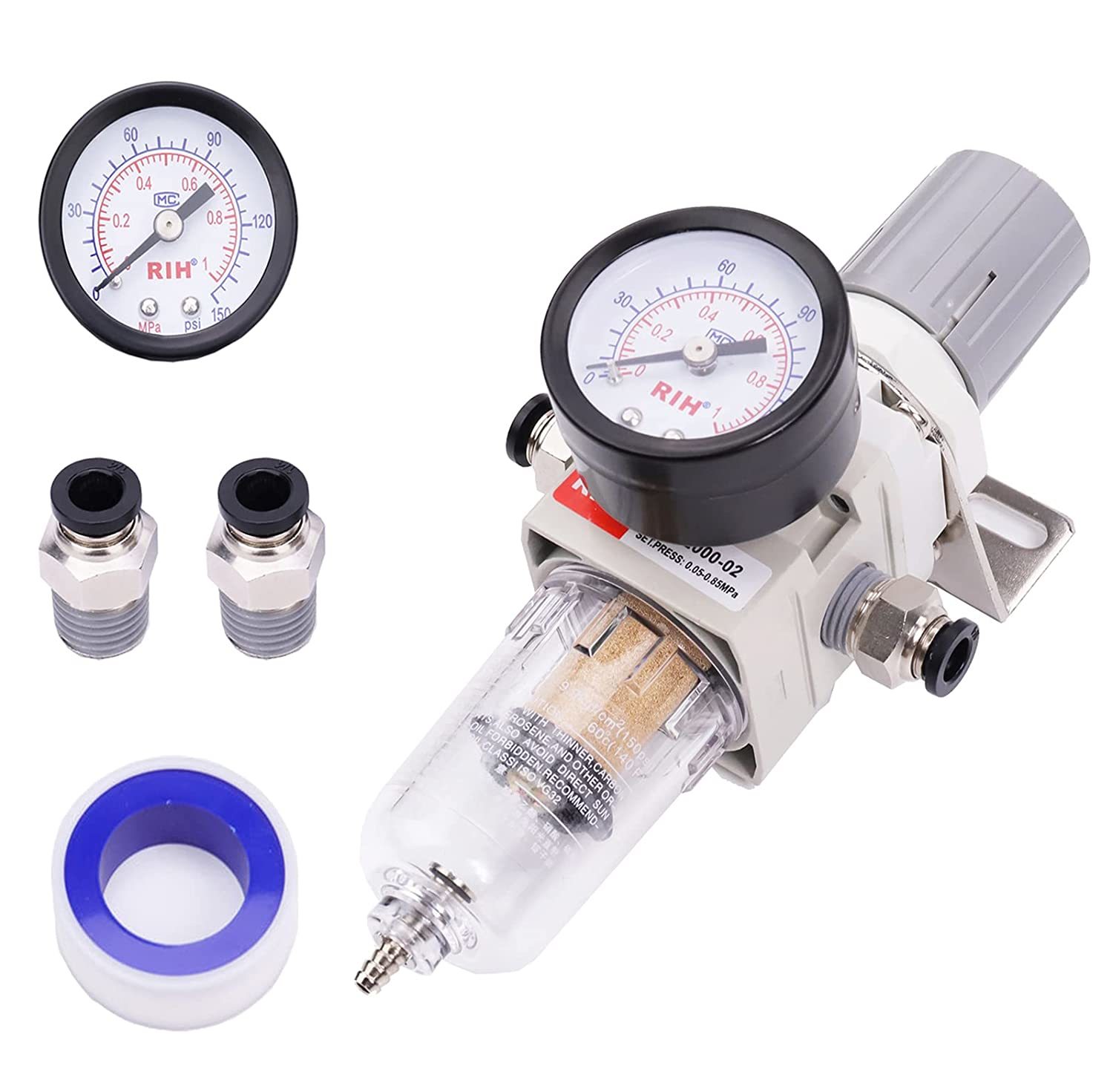 RIH 1/4&quot; NPT Compressed Air Filter Regulator Combo Piggyback, 5 Micron, ... - $31.99