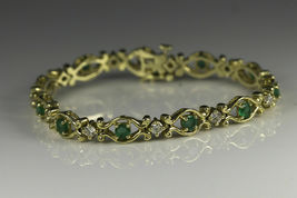 Vintage Colombian Emerald &amp; Diamond 7.25&quot; 18k Yellow Gold Over Tennis Bracelet - £138.05 GBP