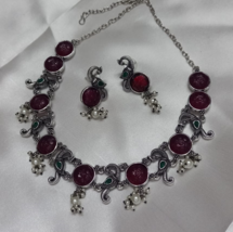 Bollywood Style Indian Silver Plated Ruby Pearl Necklace Peacock Jewelry Set - £53.31 GBP