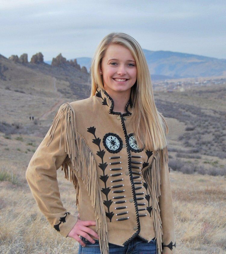 Women's Western Style Beige Suede Leather Fringed Bone Beaded Patches Jacket