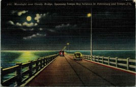 1952 Vintage Linen Postcard - Midnight Over Gandy Bridge - Tampa Bay Florida - $17.77