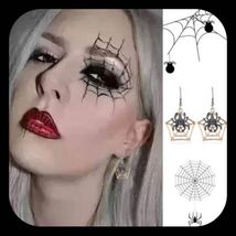 Brand New Brass Tone Web With Black Spider  Earrings Halloween  - $5.00