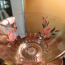 Vtg Shabby Chic Hand Painted Clear Glass Serving Bowl Dish Pink Roses Gold Gilt - £7.93 GBP