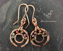 Handmade copper earrings: wagon wheels wire wrapped faceted metallic glass beads - £21.58 GBP