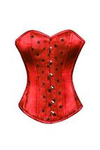 Red Satin Black Stars Print Goth Burlesque Corset Waist Cincher Costume Overbust - £49.54 GBP