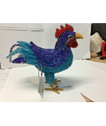 Beadworx glass bead art work  blue aqua red rooster small retired 9 1/2” - $52.49