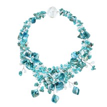 Intricate Blue Turquoise Bouquet and Freshwater Pearls Statement Necklace - £42.40 GBP