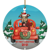 Funny Greyhound Dog Ride Car My First Christmas 2021 Pet Lover Circle Ornament - £15.78 GBP