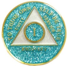 Aqua Glitter Tri-Plate AA Medallion Year 1 - 50 or 24 Hours or 18 Month Sparkly  - £14.07 GBP