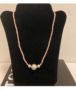 Pearl beaded necklace pink seed beads handmade summer choker - $15.00