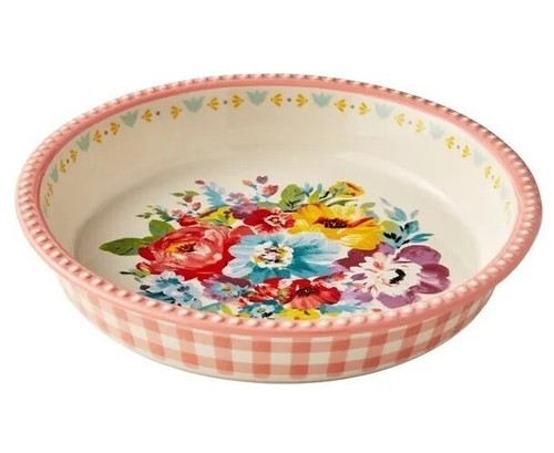 Pioneer Woman ~ Sweet Romance ~ 9.4" Stoneware ~ Gingham w/Floral Design Pie Pan Item image 6