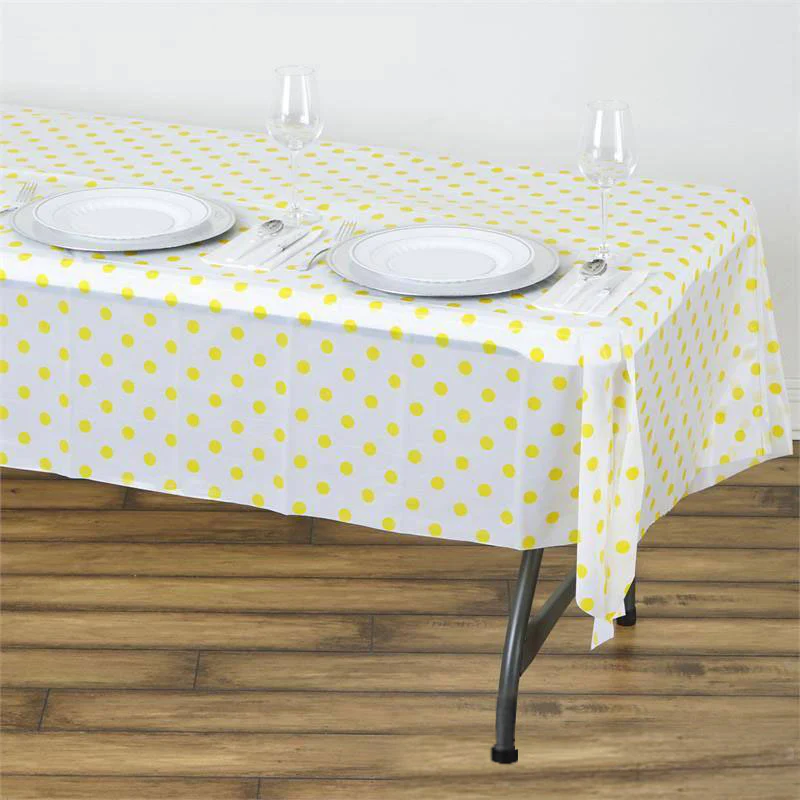 Yellow - 108&quot; - 5Pcs Perky Polka Dots Rectangle Disposable Plastic Table Cover - £23.35 GBP