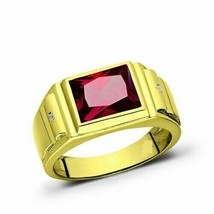 14K Yellow Gold FN Silver Ring with 0.04 ct Red Ruby &amp; Diamonds Men&#39;s Band Ring - £125.64 GBP