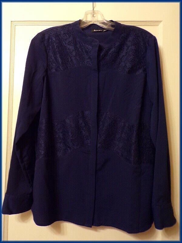 Womens A.N.A. Long Sleeve Dark Navy Blue Button Front Lace Blouse Shirt  PL - $8.00