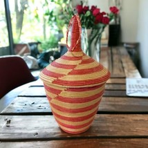 African Woven Coiled Basket Tutsi Rwanda Pointed Cone Lid Bohemian Red White - £19.04 GBP