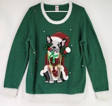 Holiday Time Ugly Sweater Womens Large Green Christmas Holiday French Bulldog - £38.18 GBP