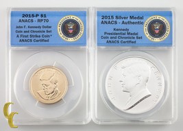 2015 Kennedy Coin &amp; Chronicle Set: Dollar &amp; Silver Medal ANACS Graded RP-70 - £323.05 GBP