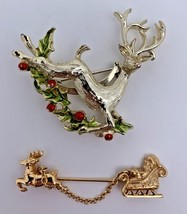 Avon Santa&#39;s Sleigh and Reindeer Christmas Hat Pin &amp; Gerrys Reindeer Enamel Pin - £12.66 GBP