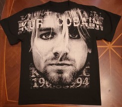 VTG 90s Kurt Cobain All Over Print Portrait Nirvana Men&#39;s Black T-Shirt Sz XL - £101.53 GBP
