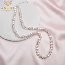 ASHIQI Real Natural Freshwater Pearl Necklace with White Clay Zircon Ball Jewelr - £18.47 GBP