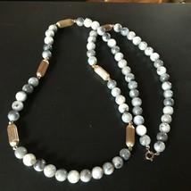 Long Swirly Gray Plastic w Light Antique Goldtone Ridged Barrel Beads Necklace – - £9.74 GBP