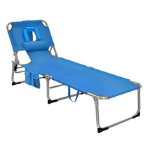 Costway Outdoor Beach Lounge Chair Folding Chaise Lounge with Pillow Blue - £112.85 GBP
