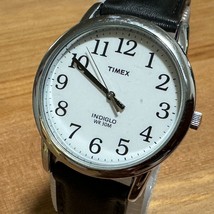 Timex Indiglo Quartz Watch Men 30m Silver White Easy Read Leather New Battery - $23.74