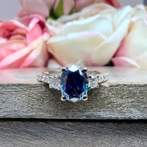 14k White Gold Plated 2.60CT Oval Cut Lab-Created Blue Sapphire Three-Stone Ring - £55.00 GBP