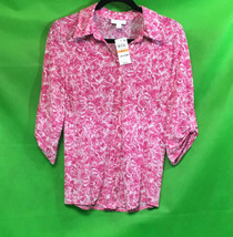  Charter Club Linen Printed Point collar Blouse Pink S - $24.99