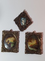 Set of 3 Miniature Ornate Brass Picture Frames 1 MOD DEP &amp; 2 Unmarked - $29.69