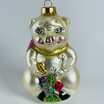 White Pig Mercury Glass VTG Christmas Ornament Hand Painted Glitter Candy Cane - £12.24 GBP