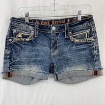 Rock Revival Pilkin Women&#39;s Size 29 Blue Denim Cuffed Frayed Hem Shorts - $71.24