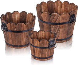 Three Wooden Bucket Barrel Planters, Rustic Patio Planters, And Flower Pots For - $42.92