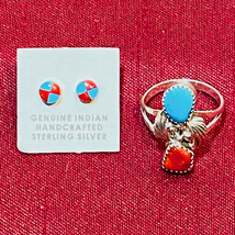 Running Bear Sterling Silver Turquoise &amp; Coral Ring With Coordinating Earrings - £54.08 GBP