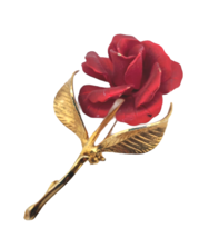 Vintage Cerrito Signed Brooch Collectible Red Rose Pin Jewelry 2 1/2&quot; Go... - £13.23 GBP