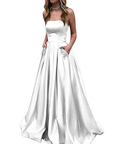 Kivary Beaded Pockets A Line Satin Corset Long Formal Prom Evening Dresses White