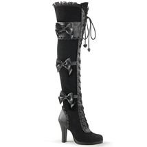DEMONIA Women&#39;s Black Lolita Gothic Goth Thigh High Boots w/ Scalloping &amp; Bow - £89.33 GBP