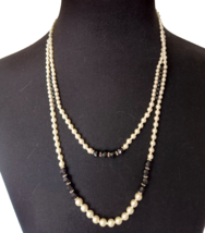 KRT Women&#39;s Statement Necklace Black Beads Imitation White Pearls Double Strands - £10.92 GBP