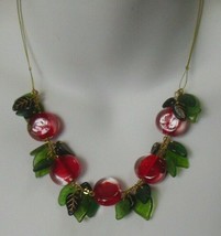Vintage Red Cherry Green &amp; Black Leaf Cluster Glass Bead Necklace - £35.30 GBP