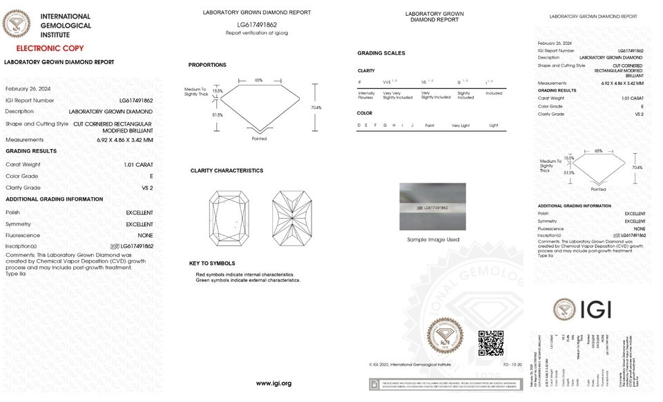 1.01 Cts E Color VS2 Clarity Radiant SHAPE IGI CERTIFIED LAB GROWN CVD Diamond Item image 2