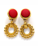 Ellen Designs Dangle Double Hoop Round Red Fabric Gold Tone Clip-On Earr... - $380.59 MXN