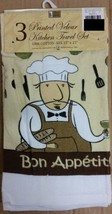 3 Pc Printed Kitchen Cotton Towels Set Fat Chef Bon Appetit Beige Home - £24.34 GBP