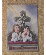 EASTER GREETINGS-Antique Praying Children Ivy Covered Cross White Flower... - $9.96