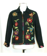 HEARTS OF PALM BLAZER SIZE 8 BLACK EMBROIDERED FRONT 3/4 SLEEVE COLORFUL... - $13.96