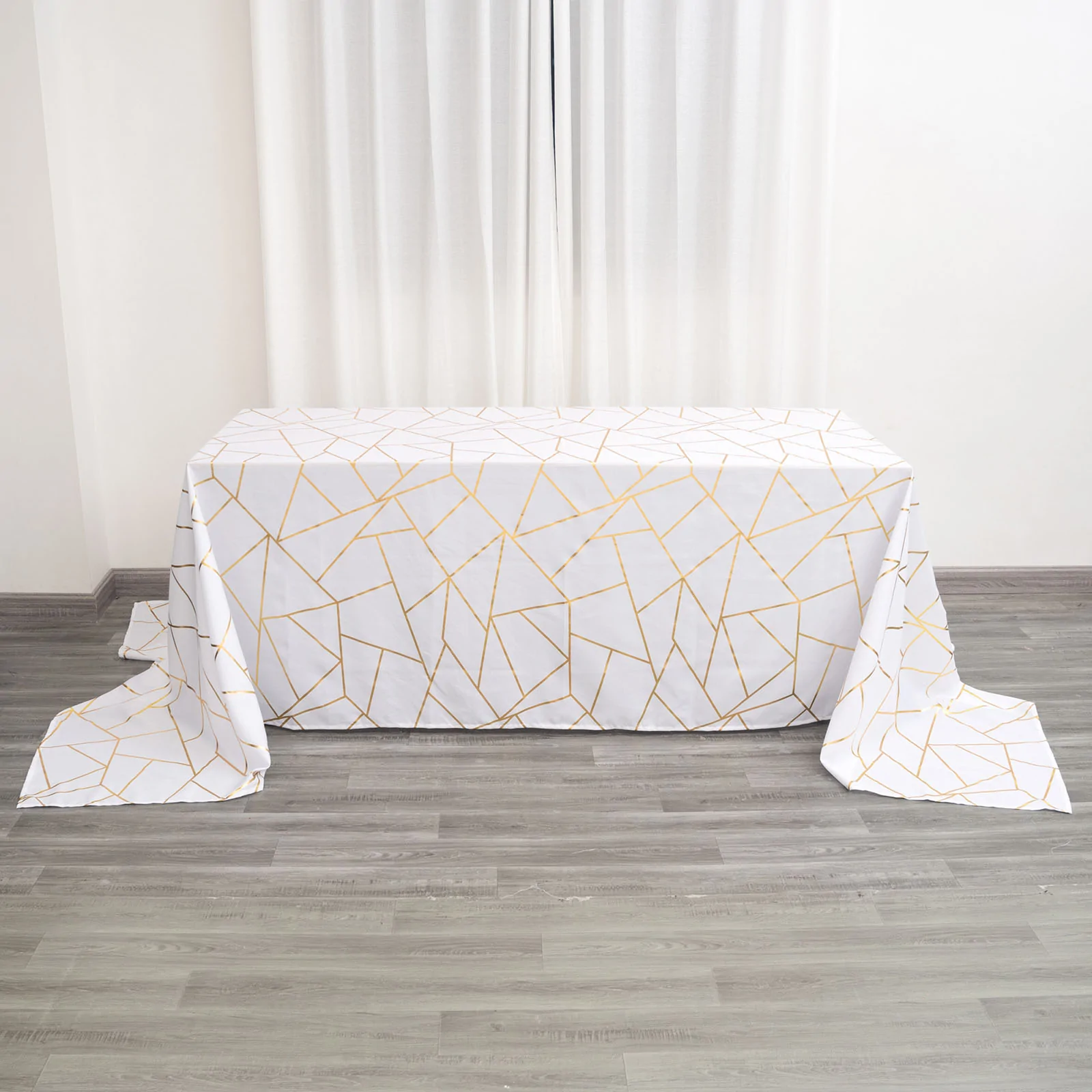 White - Rectangle Polyester Tablecloth Gold Foil Geometric 90&quot;x156&quot;  - £42.61 GBP