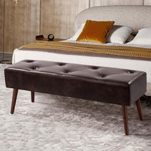 Mid-Century Bed Bench with Dark Brown Leather Upholstered Seat Solid Wood Legs - $3,412.91 MXN