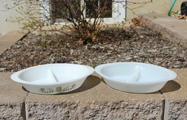 Lot of 2 Glasbake Pyrex J2353 divided serving dishes - Green Daisy &amp; White - $19.99