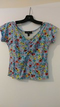 Derek Heart Juniors Blue Floral Multicolor Raglan S/Sleeve Cinch Crop To... - £5.92 GBP