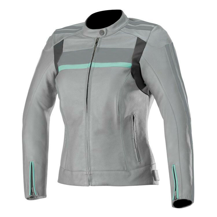 Women Gray Color Motor Bike Black Blue Stripe Genuine Leather Safety Pads jacket