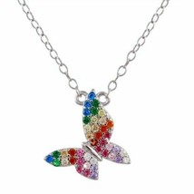 925 Sterling Silver Rainbow CZ Butterfly Adjustable Necklace 16&quot;-18&quot; - $42.50